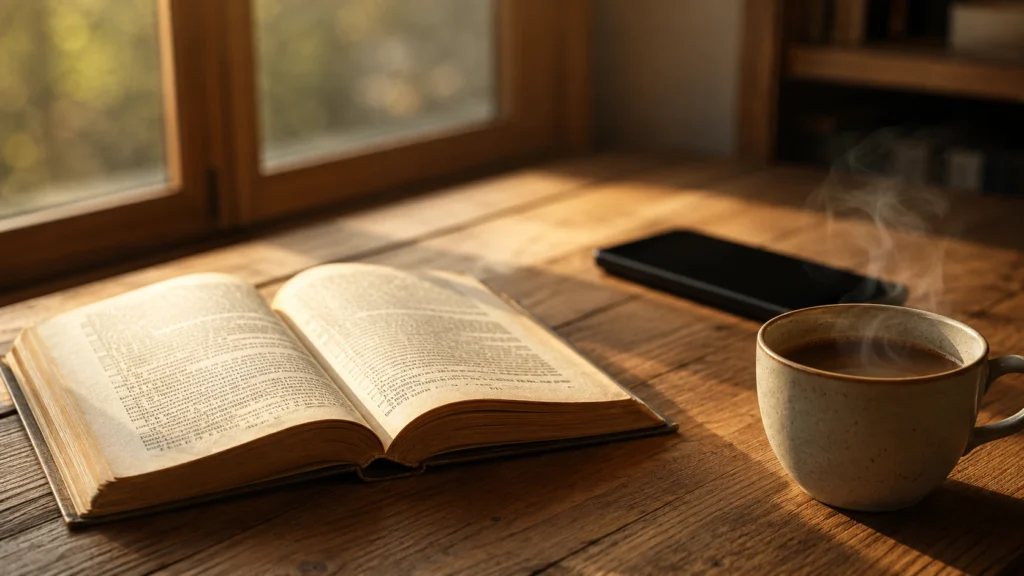 كتاب مفتوح وفنجان قهوة على مكتب خشبي يعبران عن استعادة التركيز والوقاية من التعفن الدماغي.
